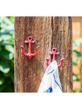 Set of x2 Abbott Collection Red Cast Iron Anchor Wall Hooks | Nautical Coastal D